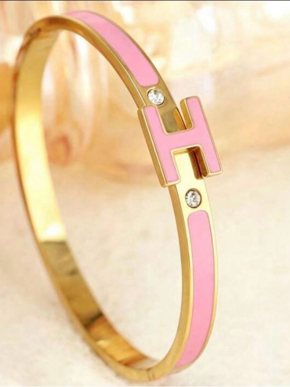 Gold-Tone Pink H Letter Bangle Stainless Steel Bracelet - Designer Style